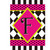 Monogrammed garden flag with neon pink, black, white, and green checkerboard and polka dot design.