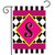 Neon checkerboard garden flag with pink, black, and green monogram S design on white background.