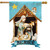 Rejoice Burlap House Flag with nativity scene and blue background with gold stars and angel.