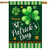 Green plaid house flag with Happy St. Patrick's Day text and shamrocks, orange accents.