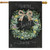Home Sweet Home Wreath House Flag with floral wreath and burlap bow on black background.