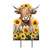 Highland Cow Metal Art, brown cow with sunflowers and fence, adorned with floral crown and butterflies.