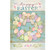 Pastel Easter Wreath Garden Flag with colorful eggs, bow, and happy Easter text on wood background.