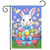 Easter Bunny Basket Garden Flag with colorful eggs, blue bow and butterflies on pink basket.