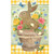 Brown bunny in a flowerpot with colorful flowers and blue butterflies, garden flag design.