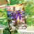 Easter Sunrise Cross House Flag with purple cloth, white lilies, and doves on wooden cross.