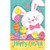Easter Time House Flag with white bunny, chicks, colorful eggs on teal background with Happy Easter.