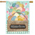 Colorful Easter Basket House Flag with eggs, chick, and Happy Easter sign on wicker basket.