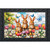 Bunny Greeting Doormat with three brown bunnies, colorful tulips, butterflies, and flowers on a black background.