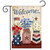 Welcome American Mason Jars Garden Flag with floral design and patriotic colors on a wooden background.