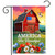 American Barn Garden Flag with red barn, American flag, flowers, and "America The Beautiful" text.