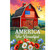 American Barn Garden Flag with red barn, American flag, flowers, and eagles at sunset.