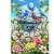 Backyard Birdbath Garden Flag with colorful birds, flowers, and butterfly design on a garden background.