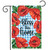 Bless This Home garden flag with red poppies on blue gingham background and green leaves.