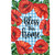 Bless This Home garden flag with red poppies on blue gingham background and green leaves.