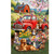 Farm Pups Garden Flag with dogs, red truck, and flowers in a farm setting scene.