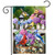 Bird Watching Garden Flag with colorful birds, hydrangeas, and butterflies on a wooden fence background.