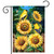 Goldfinch Gathering Garden Flag with sunflowers and yellow birds on a wooden fence background display.