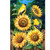 Goldfinch Gathering Garden Flag with bright yellow sunflowers and American goldfinch birds on wooden fence background.