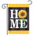 Sunflower garden flag with "HOME" and yellow gingham border on a wooden background design.
