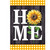 Sunflower Home Garden Flag with yellow flower, white HOME text on dark wood with gingham border.