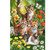 Four orange and white kittens play among vibrant yellow, white, and orange flowers in a garden.