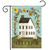 Country Saltbox Garden Flag with white house, colorful flowers, sheep, and welcome text on green hill.