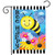 Bee Happy Bumblebee Garden Flag with colorful flowers and smiling bee on blue background with stripes.
