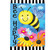 Bee Happy Bumblebee Garden Flag with smiling bee, colorful flowers, and blue cloudy sky background.