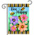 Busy Bees Garden Flag with colorful flowers, bees, and "Bee Happy" text on vibrant background.