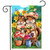 Springtime Chipmunks Garden Flag with colorful flowers, gardening tools, and two chipmunks in a garden scene.