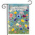 Wildflower Field Garden Flag with colorful flowers and Welcome sign on a blue background.