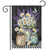 Lavender and daisies checkered garden flag with mason jars and flowers on a black background.