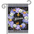 Hydrangea Wreath Garden Flag with purple, white, and yellow flowers and Welcome text on black background.