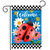 Ladybug Welcome Garden Flag with colorful flowers and checkered border on a blue background.
