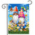 Gnomes in the Garden flag with colorful gnomes, flowers, butterfly, and birds on a blue background.