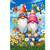 Two gnomes in colorful hats surrounded by flowers, birds, and a butterfly on garden flag.