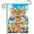 Spring Has Sprung Sign Garden Flag with colorful flowers and birds on wooden sign post outdoors.