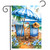 Beach Chairs Garden Flag with blue and white striped beach chairs and matching umbrella on sandy beach.