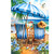 Beach Chairs Garden Flag with blue and white stripes, umbrella, and tropical beach scenery design.
