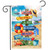 Beach Signs Garden Flag with colorful beach signs, seagulls, and beach accessories on sandy beach scene.