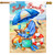 Feelin Beachy house flag with beach chair, umbrella, and accessories on sandy beach background.