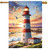 Lighthouse At Sunset House Flag with red and white stripes and seagulls flying around it.