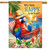 Happy Hour Parrott House Flag, colorful parrot in straw hat on tropical beach with floral details.