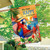 Happy Hour Parrott House Flag with colorful parrot wearing hat on tropical background.