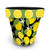 Lemons Large Planter with vibrant lemon and green leaf print on black background with white flowers.