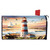 Lighthouse At Sunset Mailbox Cover with red and white lighthouse, sailboat, and seagulls at sunset.