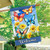 Butterfly Garden House Flag with colorful butterflies, yellow flowers, and "Welcome" on blue plaid background.