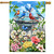 Colorful garden flag with birds, butterflies, and flowers around a birdbath house flag design outdoor decor.
