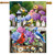 Bird Watching House Flag with colorful birds, hydrangeas, and butterflies on a garden fence background.